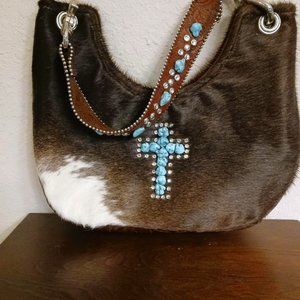 KurtMen Design vintage brindle cowhide, horse hair, cowhide, turquoise cross